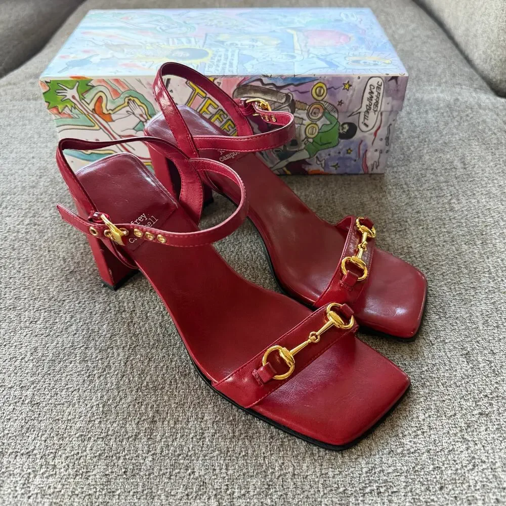 Jeffrey Campbell Lively Red Leather Horsebit Sandal Heels Size 8